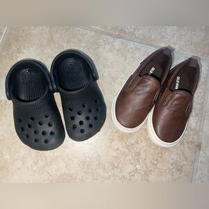 Black toddler crocs and dress shoes